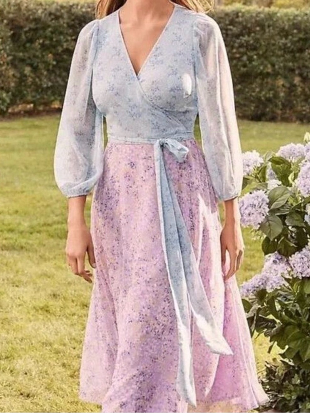 Ann Taylor Pastel Blue and Lavender Floral Wrap Midi Dress
